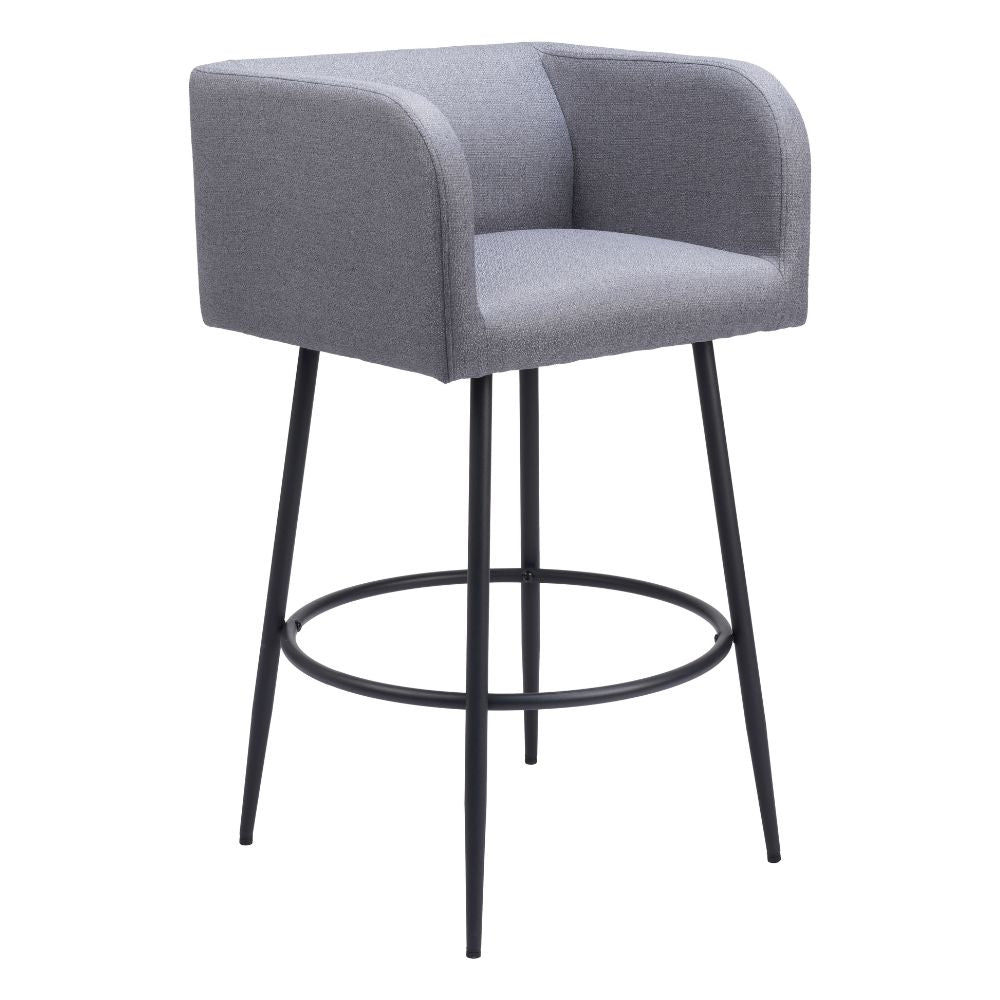 Gray bar stool with black metal legs on a white background