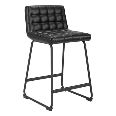 Black bar stool with tufted seat on a white background