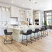 Modern kitchen with white island and black bar stools