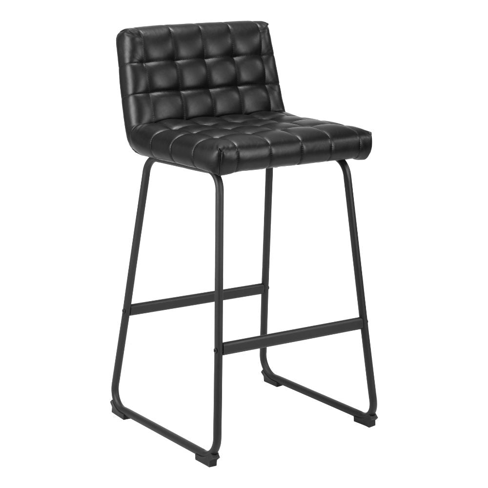 Black bar stool with quilted seat on a white background
