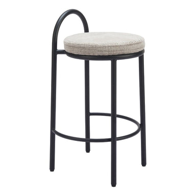 Bar stool with black metal frame and beige cushioned seat on a white background