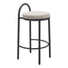 Bar stool with black metal frame and beige cushioned seat on a white background