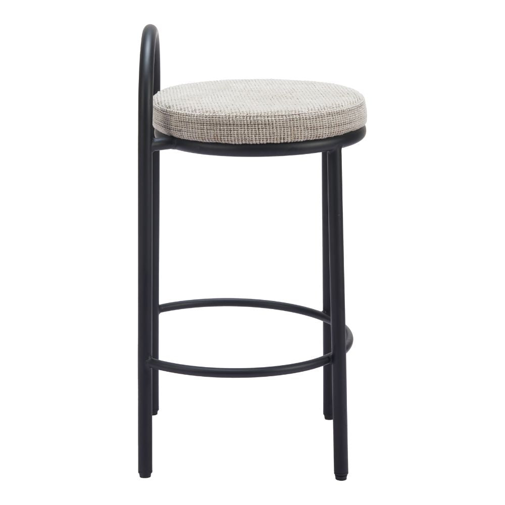 Bar stool with a gray cushioned seat on a white background