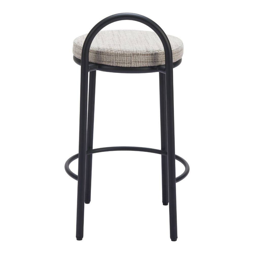 Bar stool with black metal frame and patterned cushion on a white background