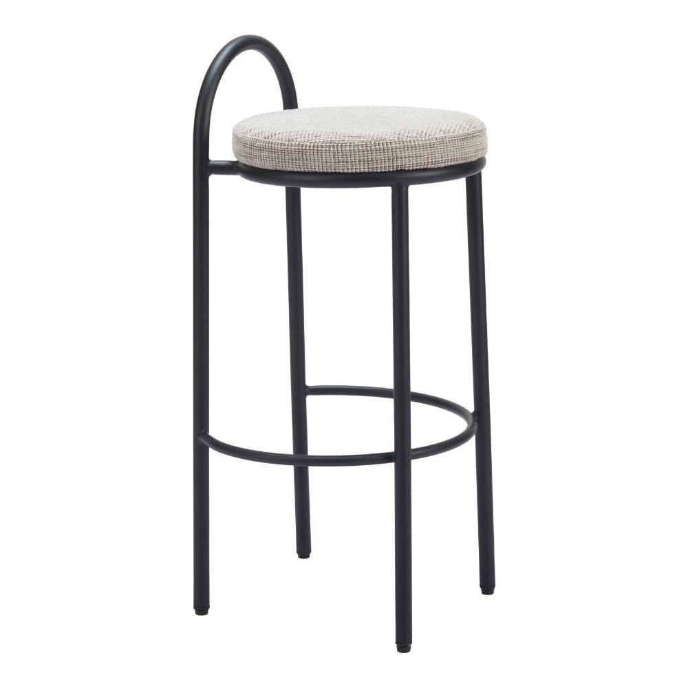 Bar stool with black metal frame and beige cushioned seat on a white background