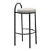 Bar stool with black metal frame and beige cushioned seat on a white background