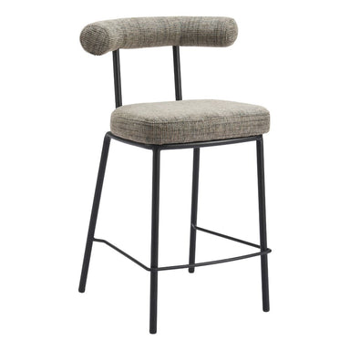 Bar stool with gray cushioned seat and backrest on a white background