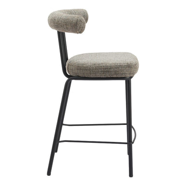 Bar stool with gray cushioned seat and backrest on a white background