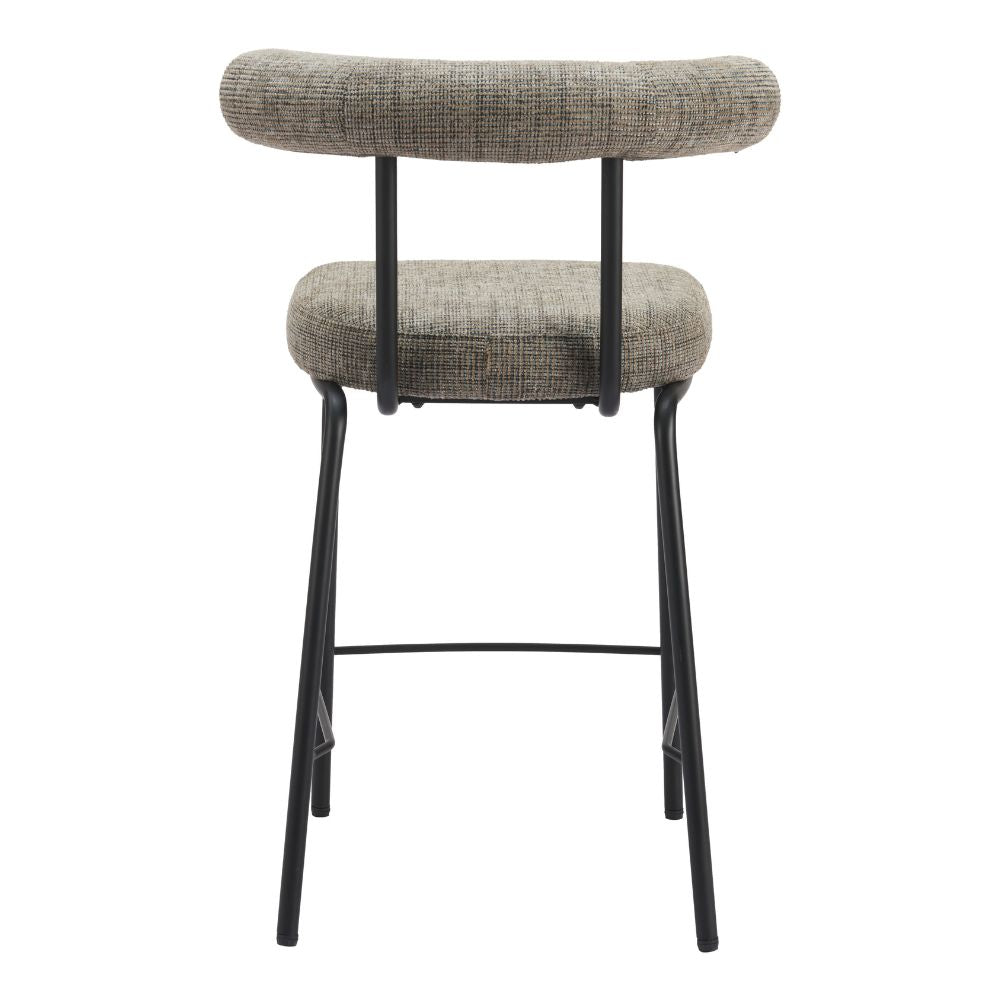 Bar stool with gray cushioned seat and backrest on a white background