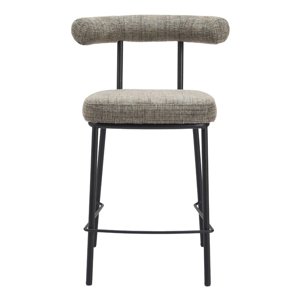 Bar stool with gray cushioned seat and backrest on a white background