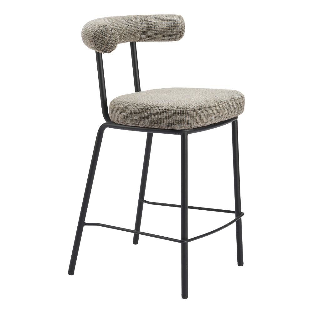 Bar stool with gray cushioned seat and backrest on a white background