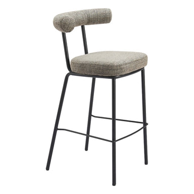 Bar stool with gray cushioned seat and backrest on a white background