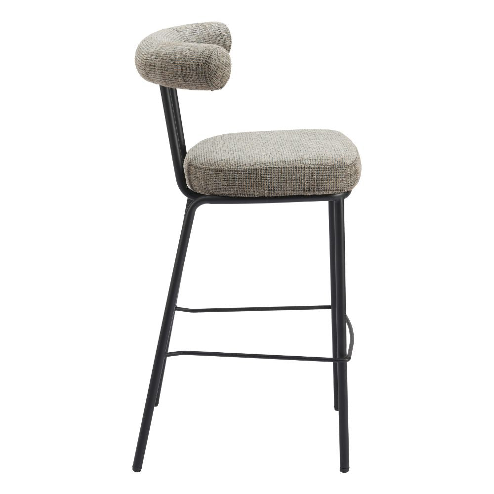 Bar stool with gray cushioned seat and backrest on a white background