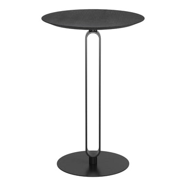 Black side table with a minimalist design on a white background