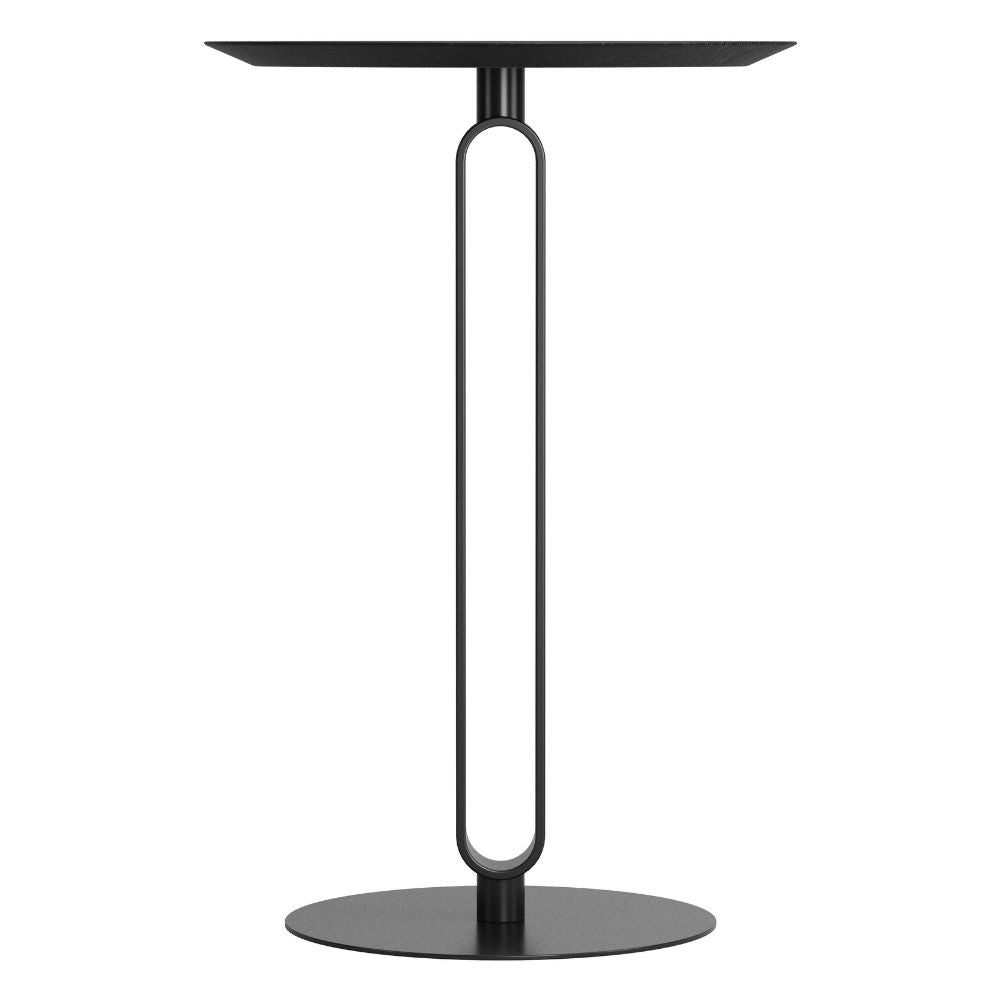 Modern black side table with a minimalist design on a white background
