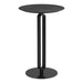 Black side table with unique base design on a white background