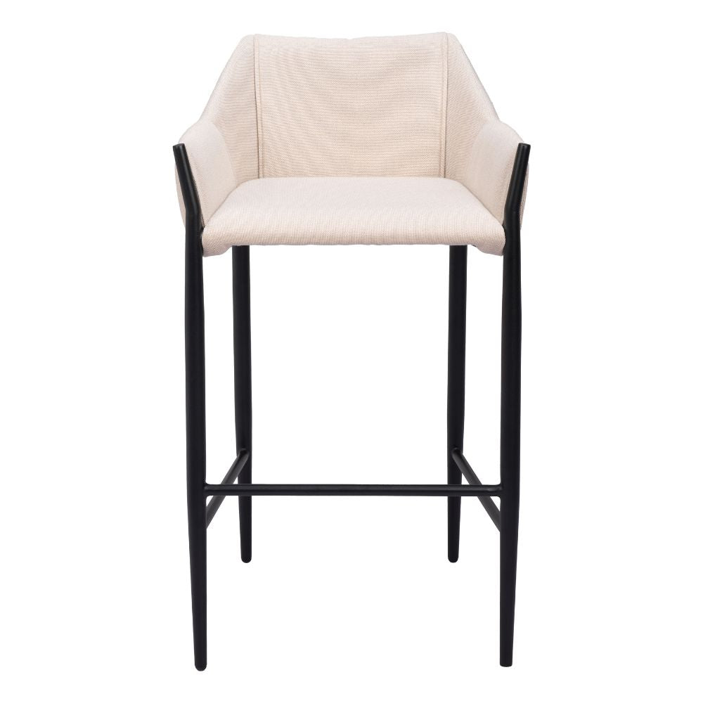 Beige bar stool with black metal frame on a white background