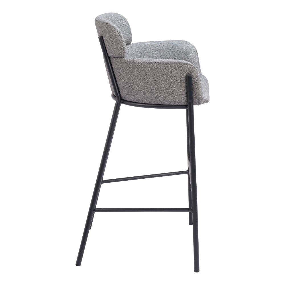 Gray bar stool with black metal legs on a white background