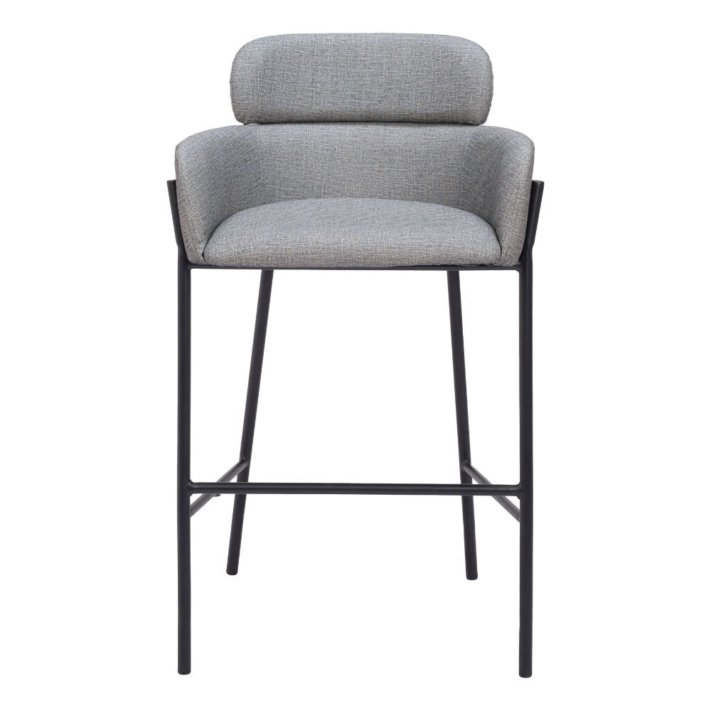 Gray cushioned bar stool with black metal frame on a white background