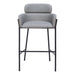 Gray cushioned bar stool with black metal frame on a white background