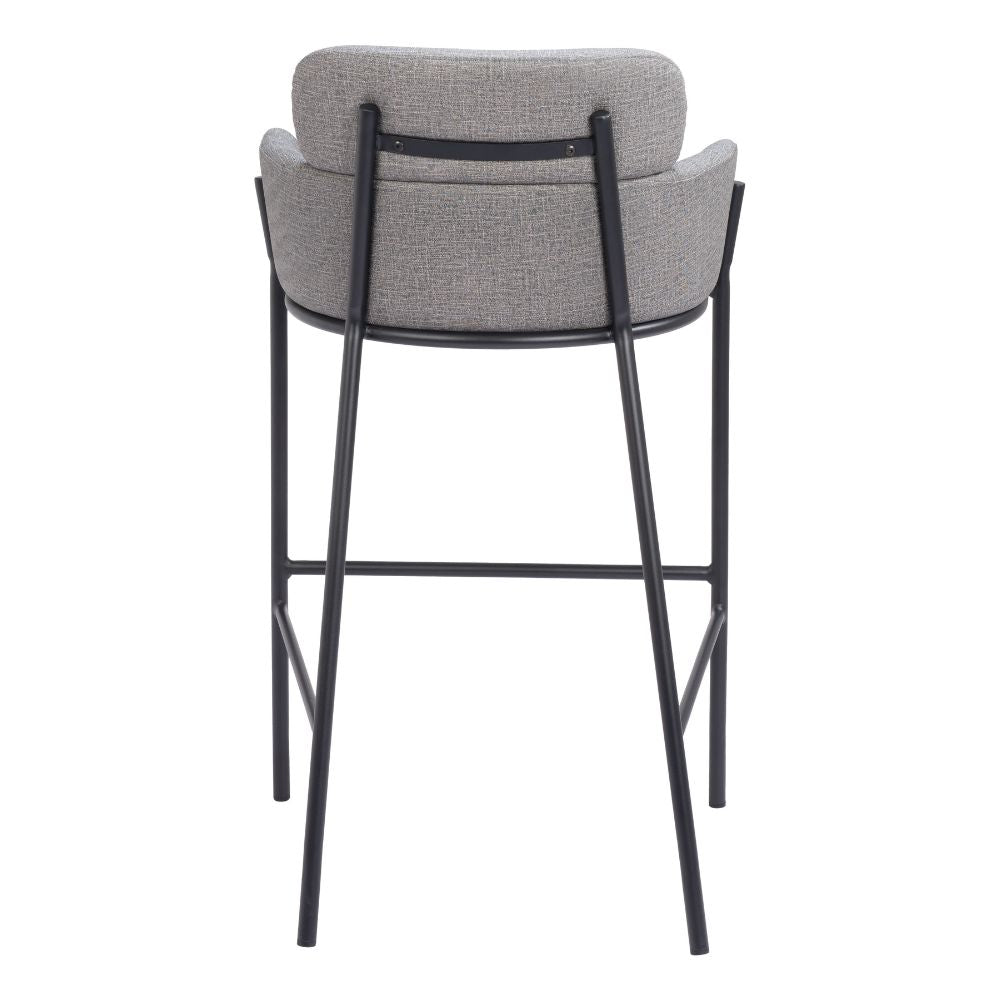 Gray bar stool with black metal legs on a white background