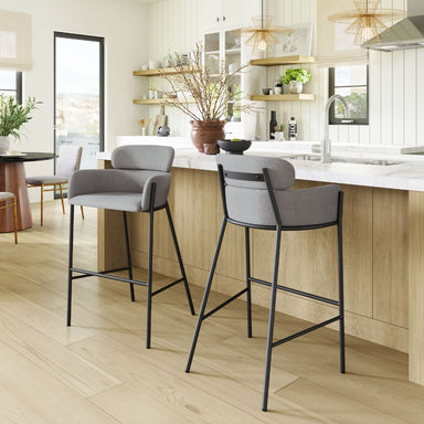 Modern kitchen with bar stools and a light wood floor
