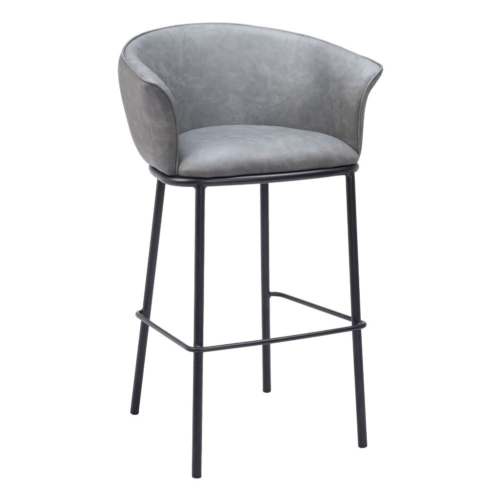 Gray bar stool with black metal legs on a white background