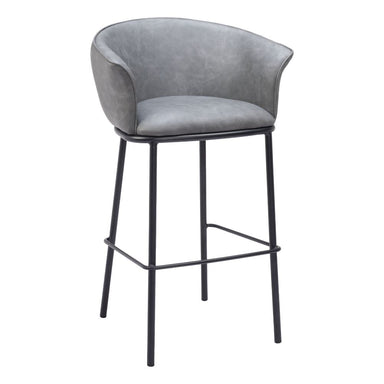 Gray bar stool with black metal legs on a white background