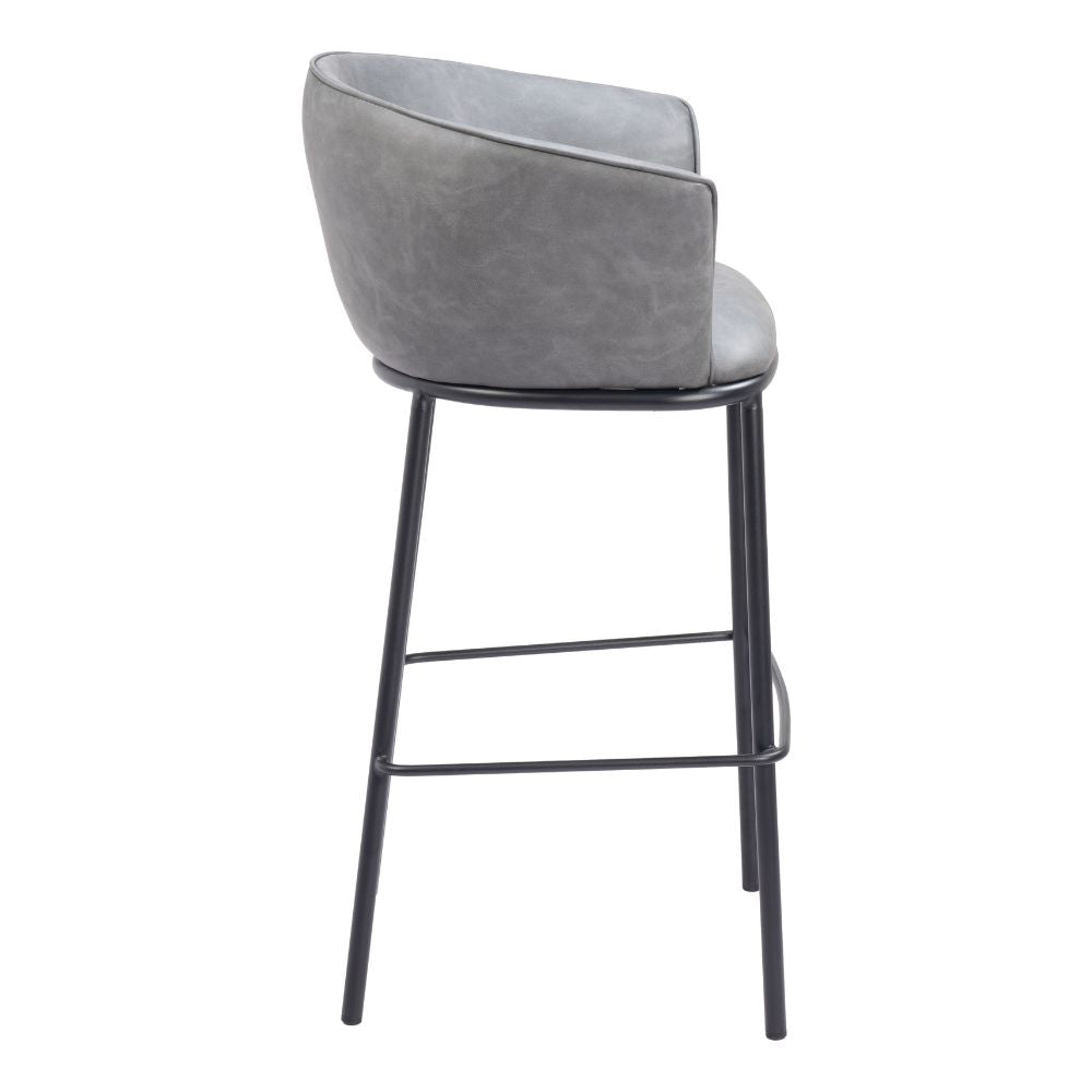 Gray bar stool with black metal legs on a white background