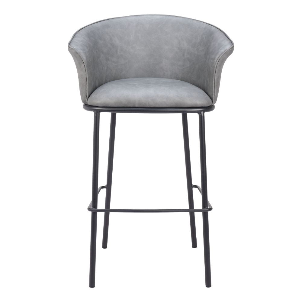 Gray bar stool with black metal legs on a white background