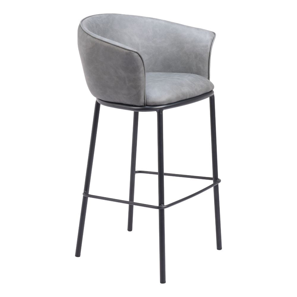 Gray bar stool with black metal legs on a white background