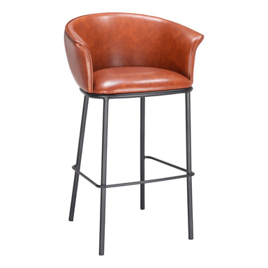 Brown leather bar stool with black metal legs on a white background