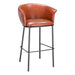 Brown leather bar stool with black metal legs on a white background