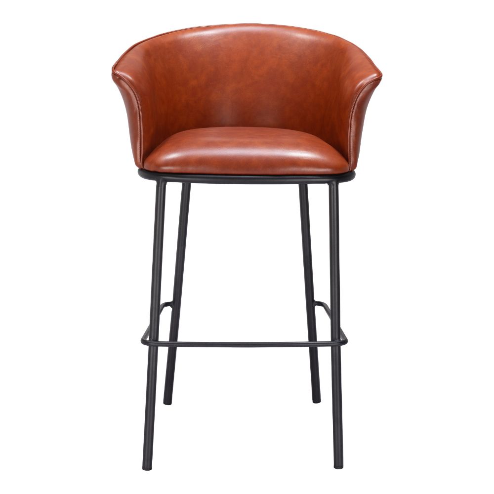 Brown leather bar stool with black metal legs on a white background