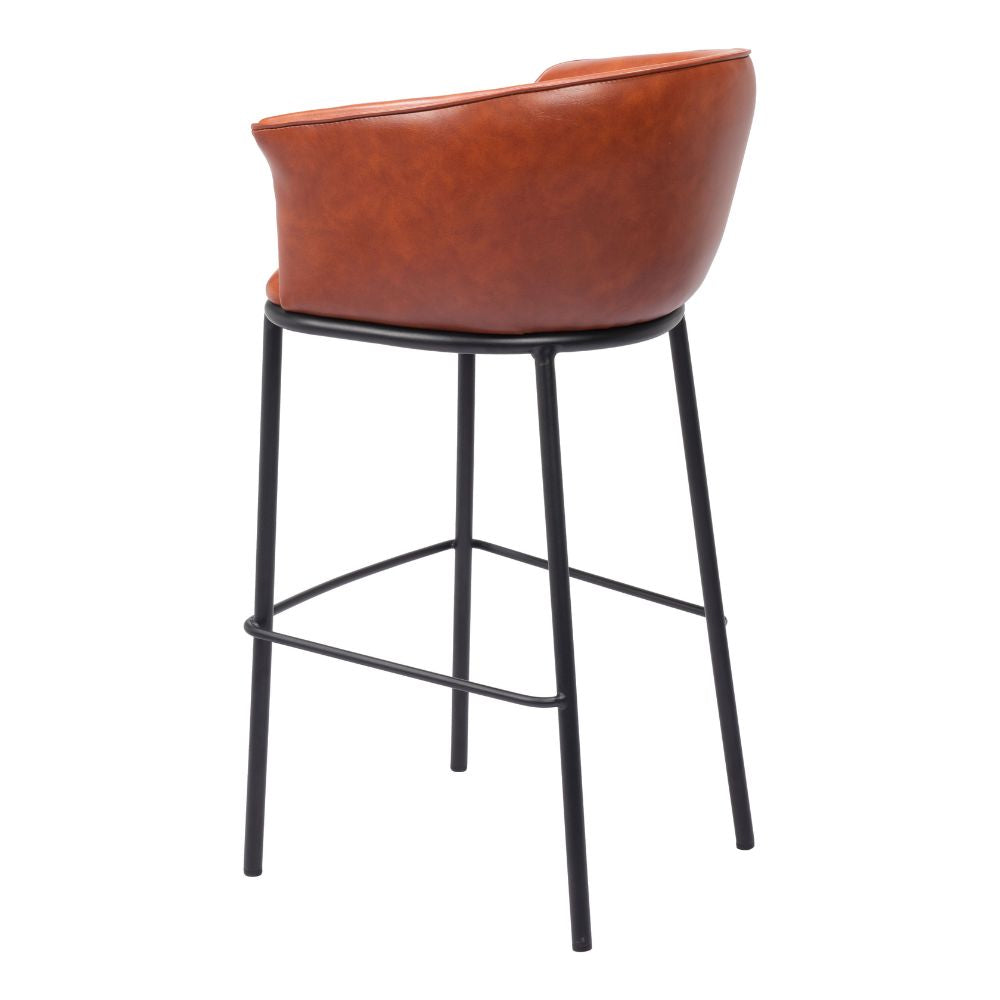 Brown leather bar stool with black metal legs on a white background