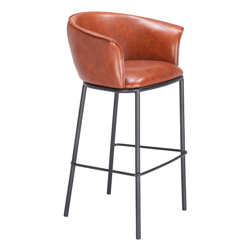 Brown leather bar stool with black metal legs on a white background