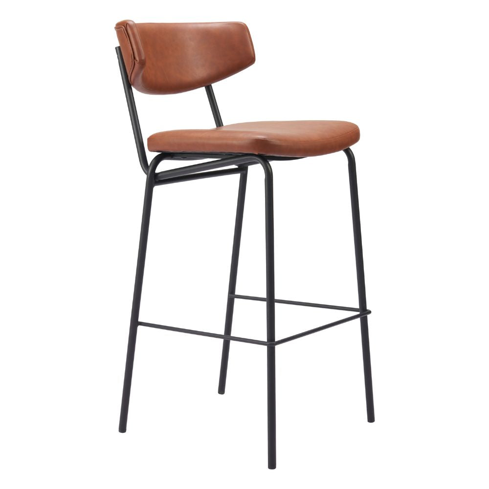 Bar stool with brown leather seat and backrest on a white background