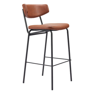 Bar stool with brown leather seat and backrest on a white background