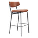 Bar stool with brown leather seat and backrest on a white background