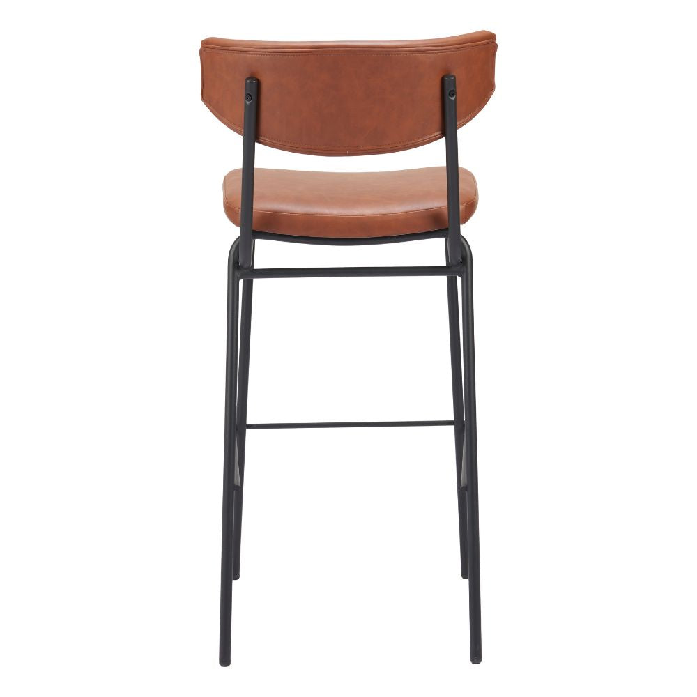 Bar stool with brown leather seat and backrest on a white background