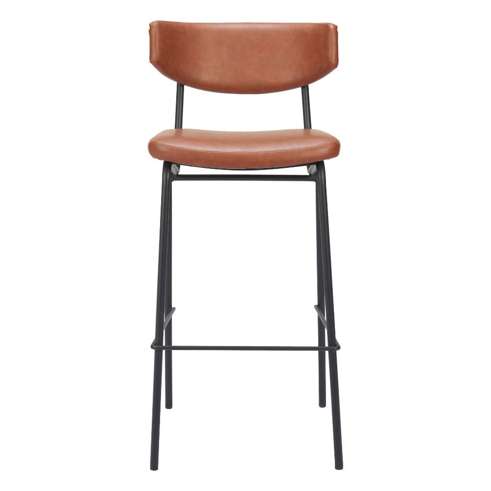 Brown leather bar stool with black metal legs on a white background