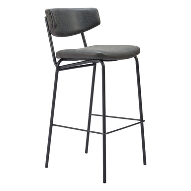 Bar stool with black metal frame and gray cushioned seat on a white background
