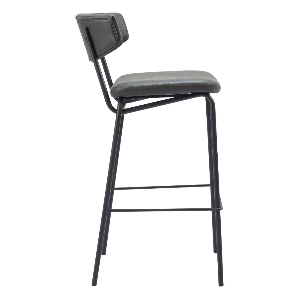 Bar stool with black metal frame and gray cushioned seat on a white background