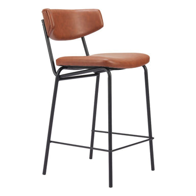 Bar stool with brown leather seat and backrest on a white background