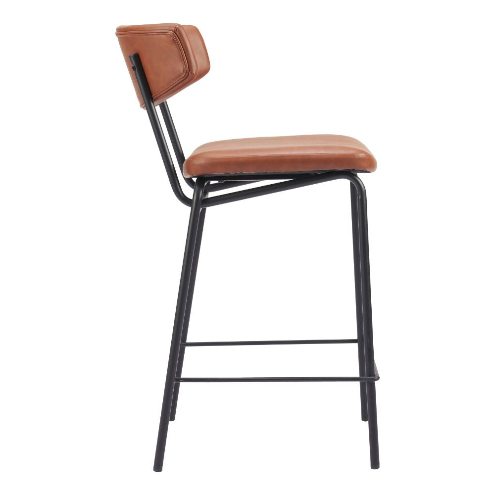 Bar stool with brown leather seat and backrest on a white background