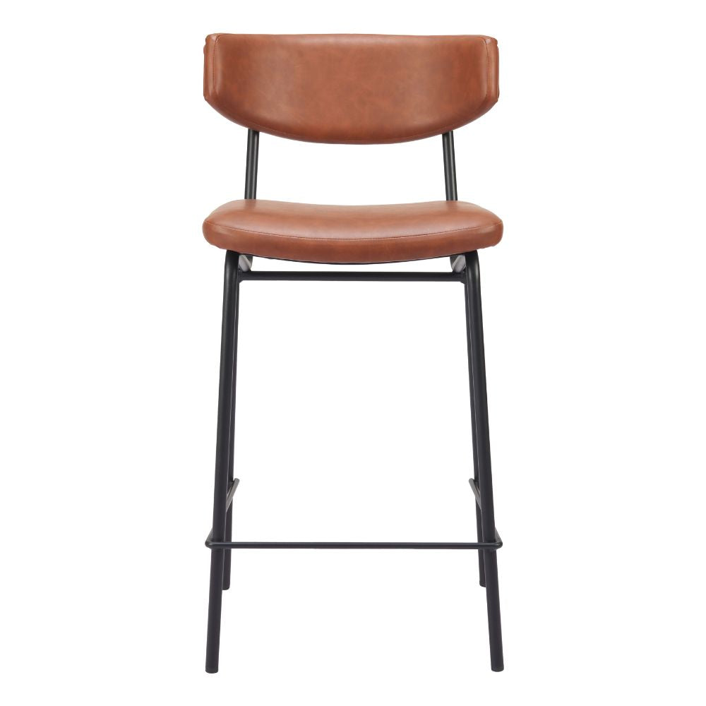 Brown leather bar stool with black metal legs on a white background