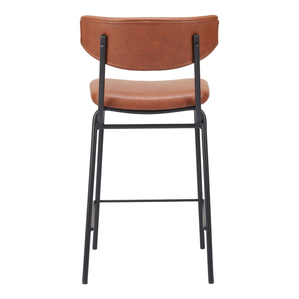 Brown leather bar stool with black metal legs on a white background