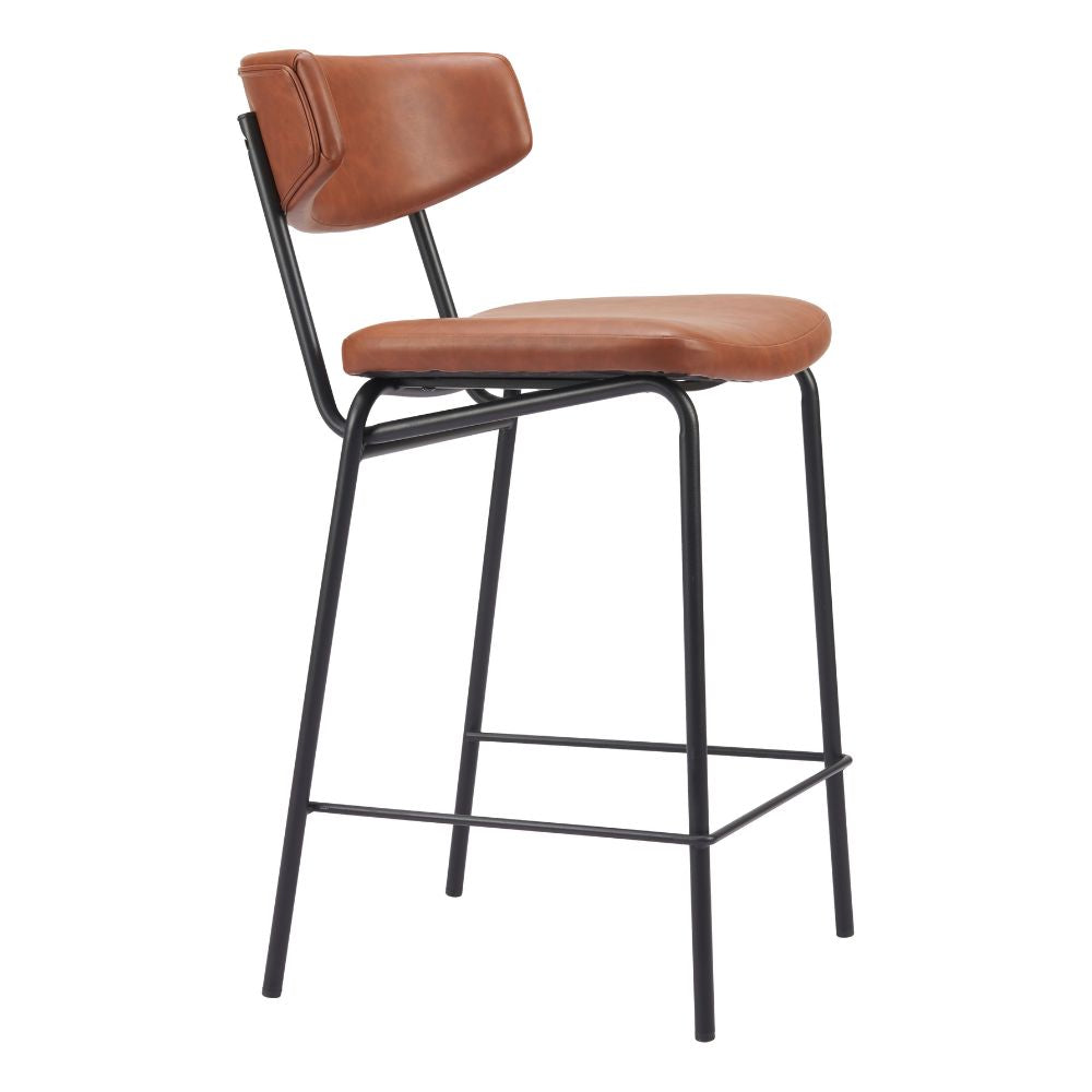 Bar stool with brown leather seat and backrest on a white background