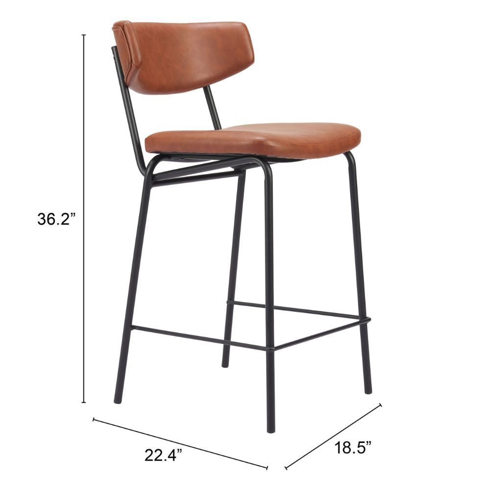 Brown bar stool with black metal frame and dimensions on a white background