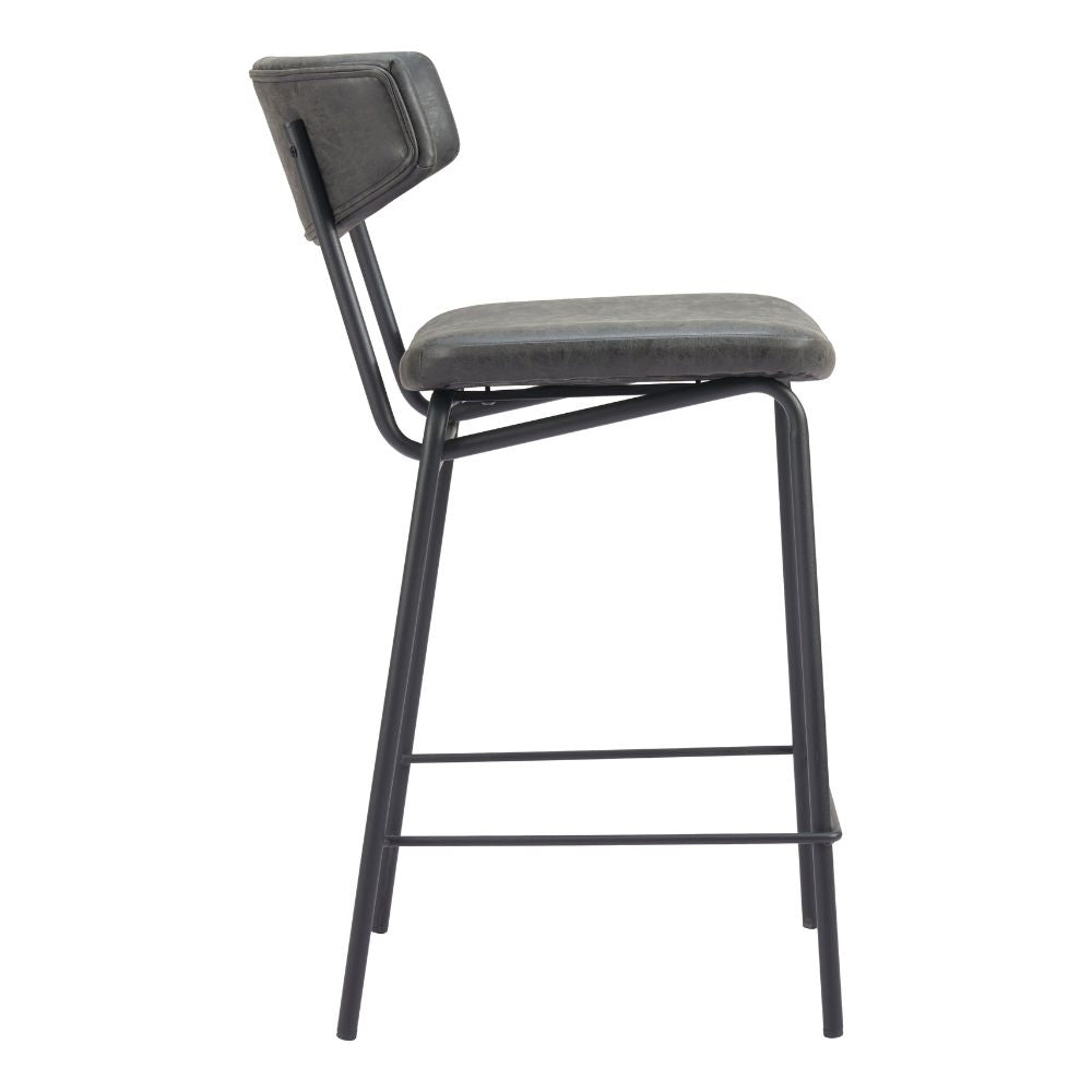 Bar stool with black metal frame and gray cushioned seat on a white background